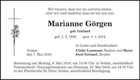 Traueranzeige Marianne Görgen
