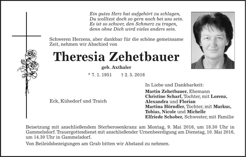 Traueranzeige Theresia Zehetbauer