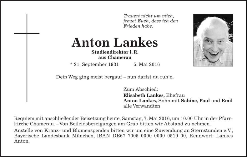 Traueranzeige Anton Lankes