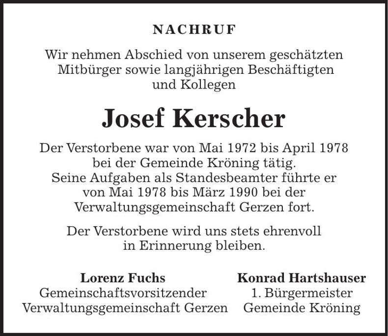 Traueranzeige Josef Kerscher