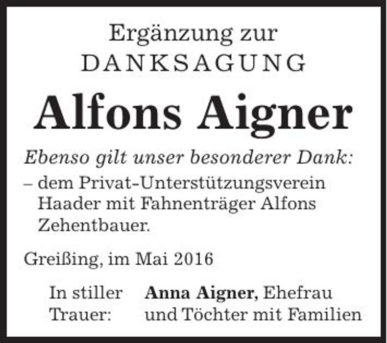 Traueranzeige Alfons Aigner