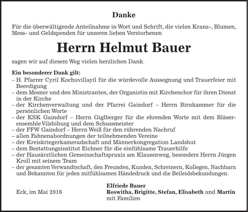 Traueranzeige Helmut Bauer