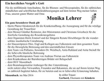 Traueranzeige Monika Lehrer