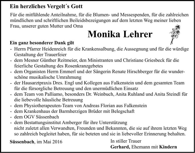 Traueranzeige Monika Lehrer
