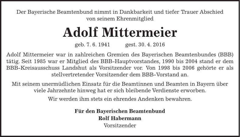 Traueranzeige Adolf Mittermeier