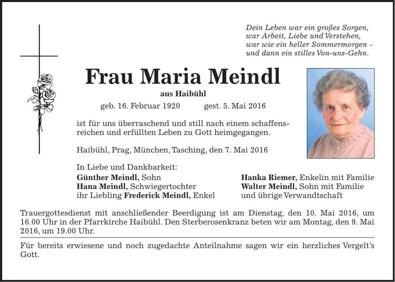 Traueranzeige Maria Meindl