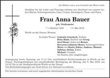 Traueranzeige Anna Bauer