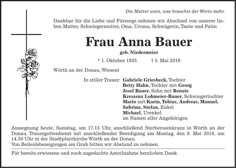 Traueranzeige Anna Bauer