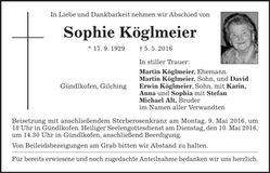 Traueranzeige Sophie Köglmeier