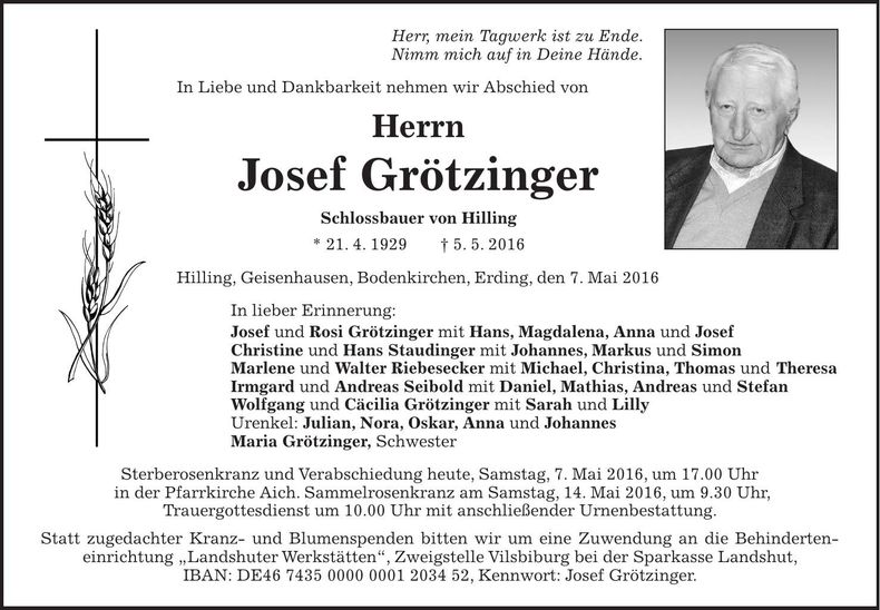 Traueranzeige Josef Grötzinger
