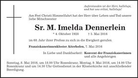 Traueranzeige Sr. M. Imelda Dennerlein Dennerlein