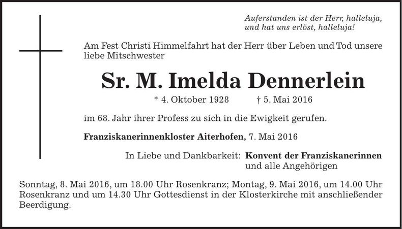 Traueranzeige Sr. M. Imelda Dennerlein Dennerlein