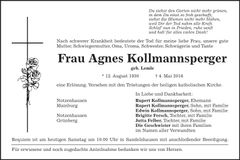 Traueranzeige Agnes Kollmannsperger