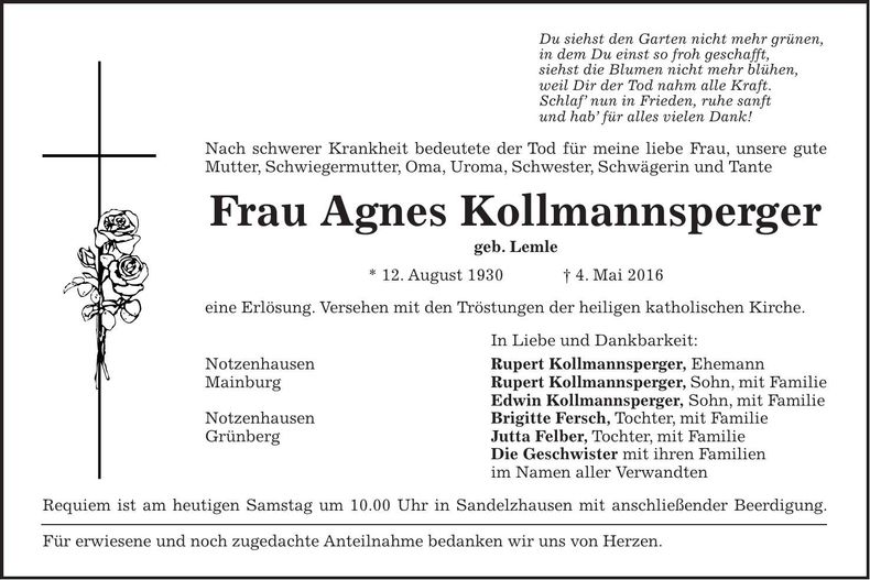 Traueranzeige Agnes Kollmannsperger