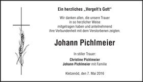 Traueranzeige Johann Pichlmeier