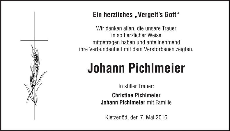 Traueranzeige Johann Pichlmeier