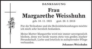 Traueranzeige Margarethe Weisshuhn