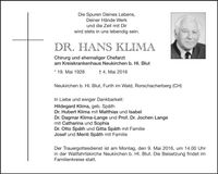 Traueranzeige Hans Dr. Klima