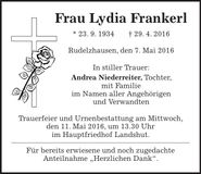 Traueranzeige Lydia Frankerl