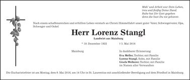 Traueranzeige Lorenz Stangl