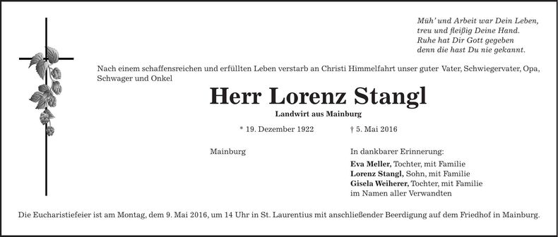 Traueranzeige Lorenz Stangl