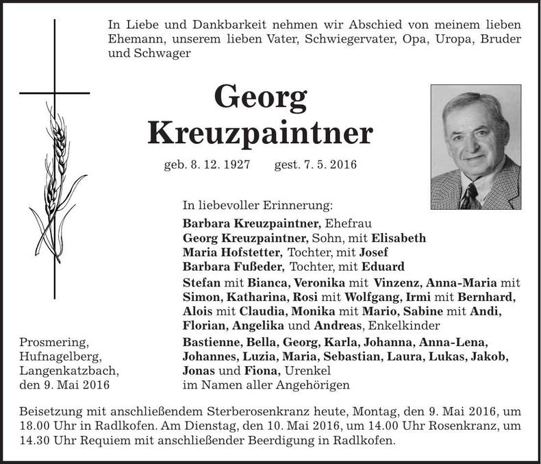 Traueranzeige Georg Kreuzpaintner