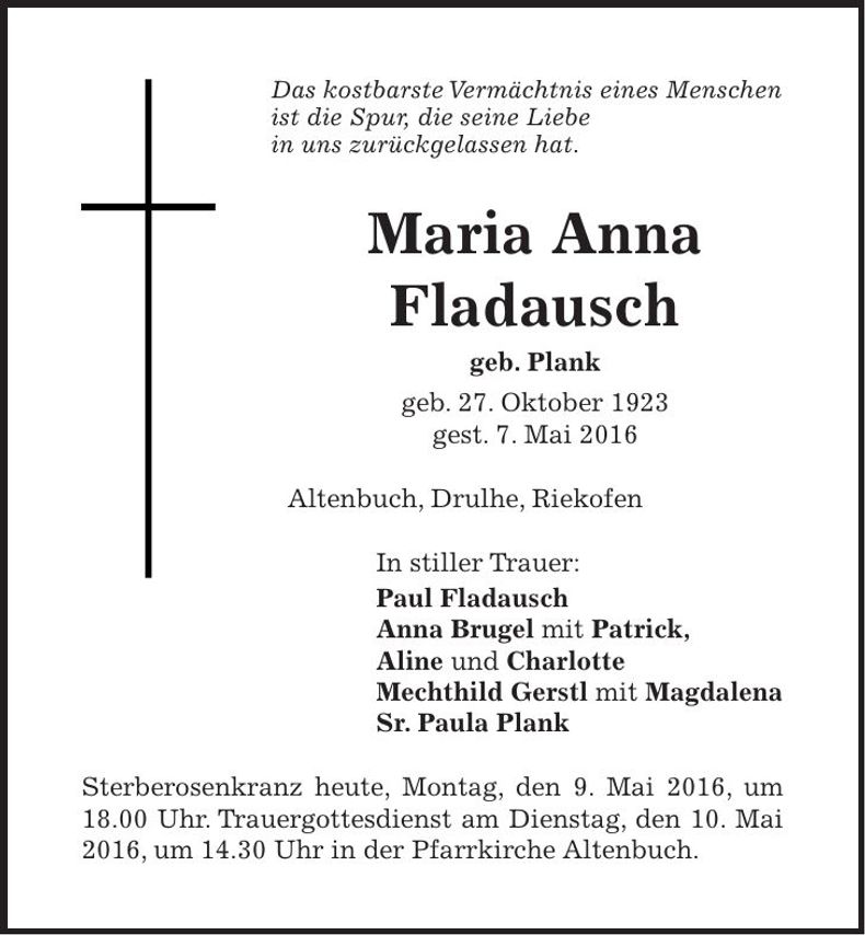 Traueranzeige Maria Anna Fladausch