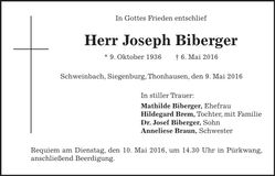 Traueranzeige Joseph Biberger