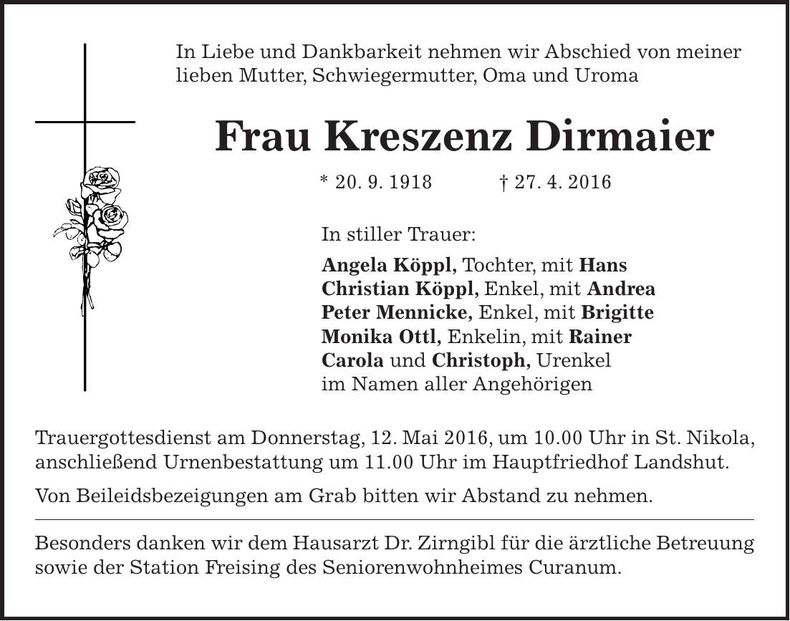 Traueranzeige Kreszenz Dirmaier