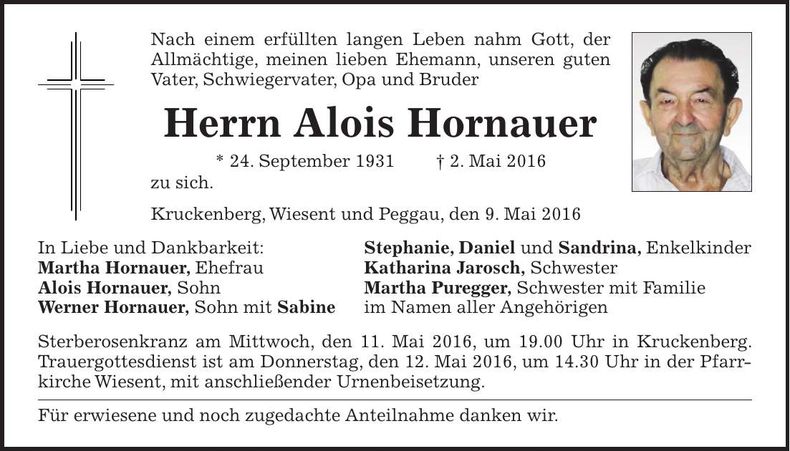 Traueranzeige Alois Hornauer