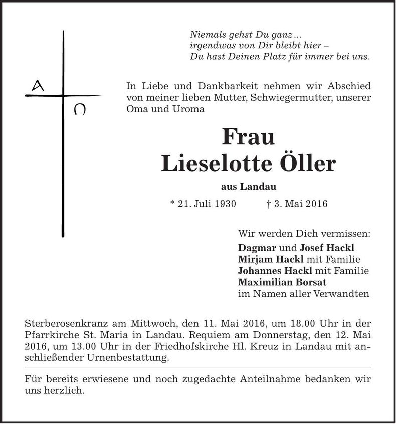 Traueranzeige Lieselotte Öller