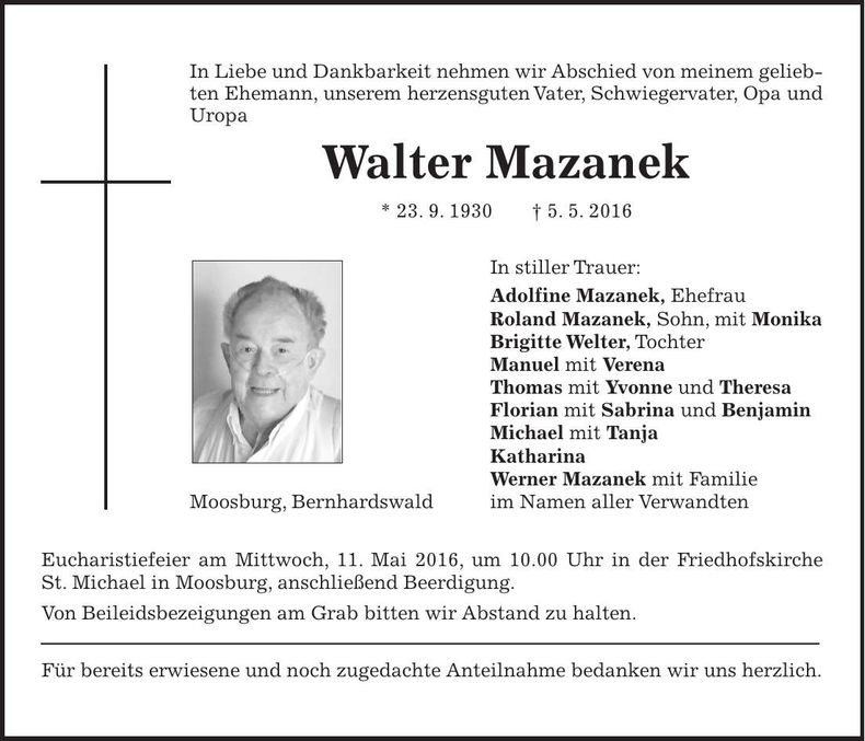 Traueranzeige Walter Mazanek