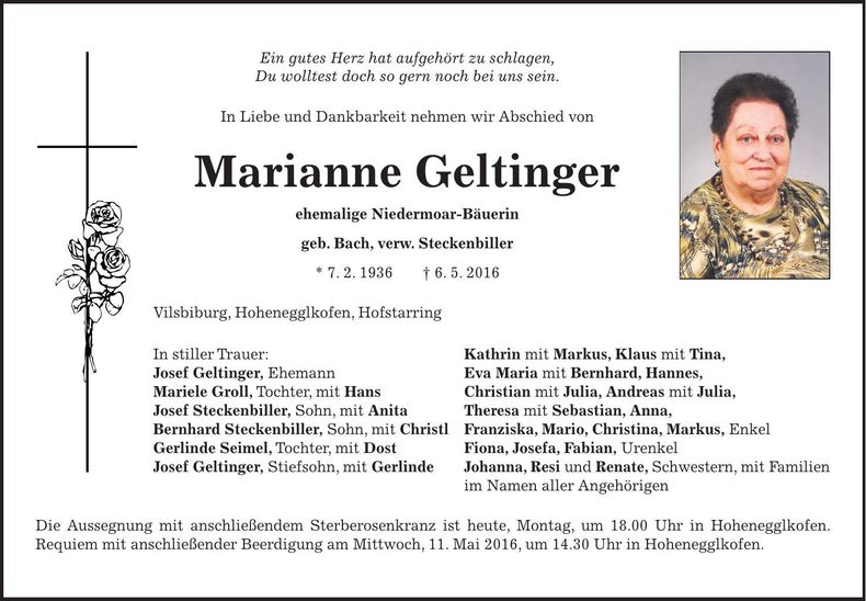 Traueranzeige Marianne Geltinger