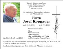 Traueranzeige Koppauer Josef