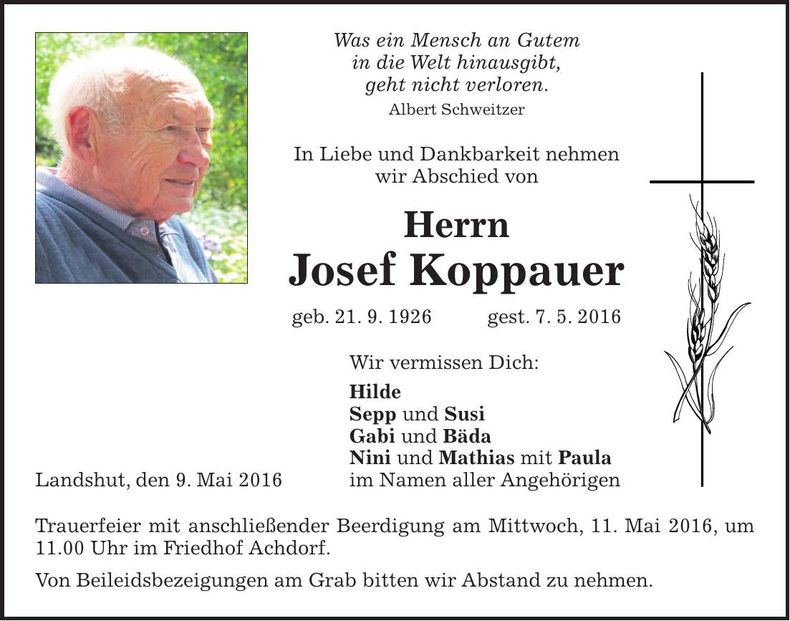 Traueranzeige Koppauer Josef