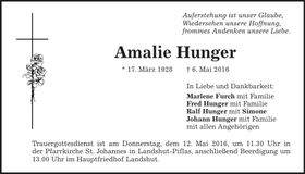Traueranzeige Amalie Hunger