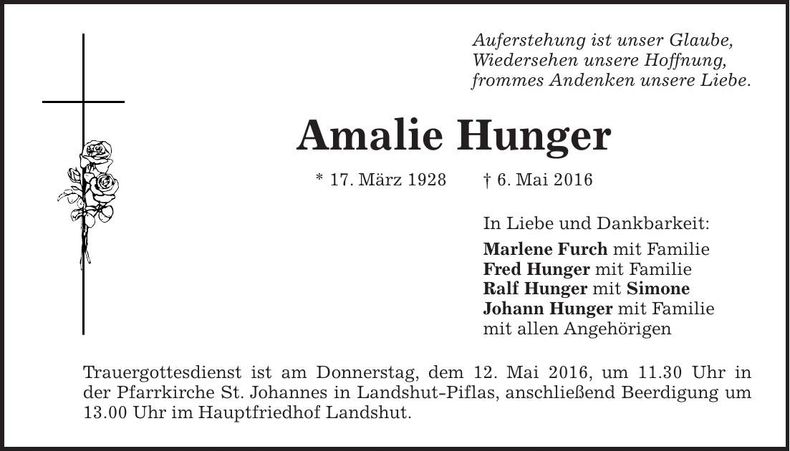 Traueranzeige Amalie Hunger