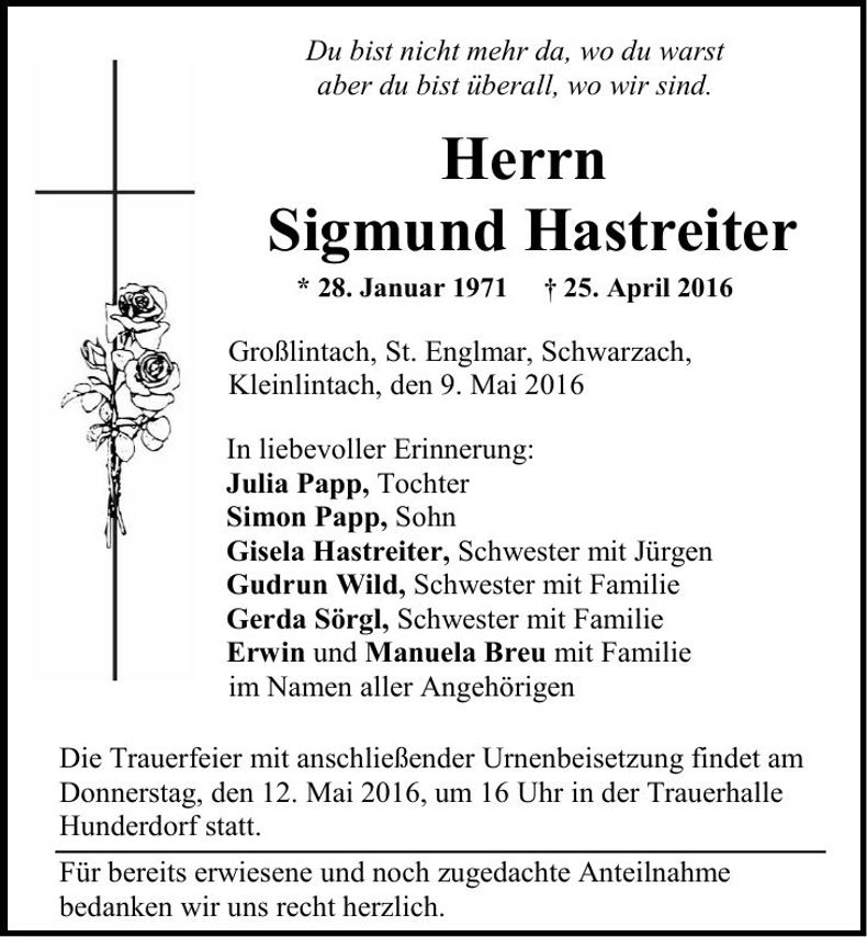 Traueranzeige Sigmund Hastreiter