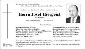 Traueranzeige Josef Hiergeist