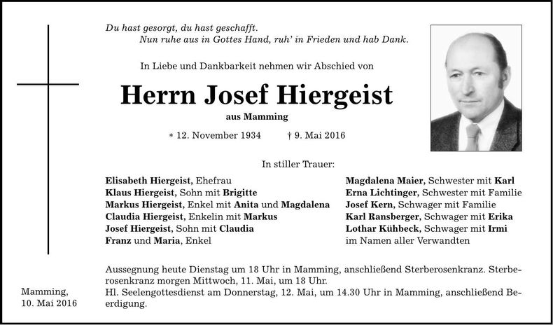 Traueranzeige Josef Hiergeist