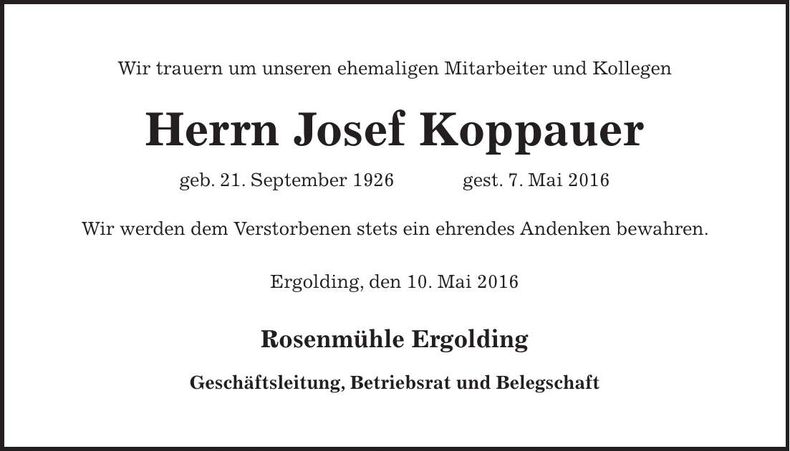 Traueranzeige Josef Koppauer
