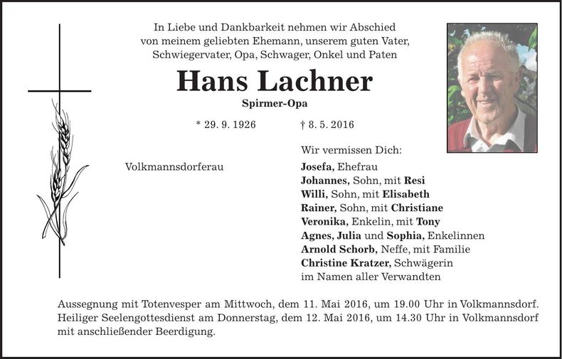 Traueranzeige Hans Lachner