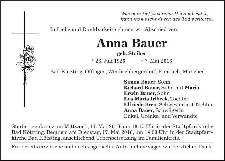 Traueranzeige Anna Bauer