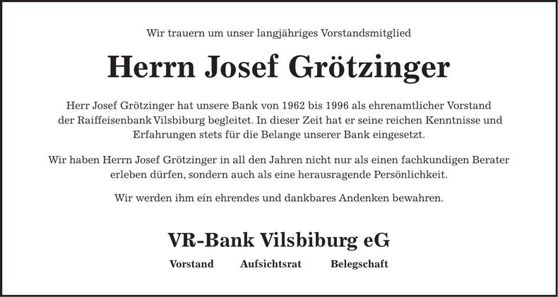 Traueranzeige Josef Grötzinger