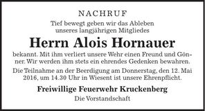 Traueranzeige Alois Hornauer