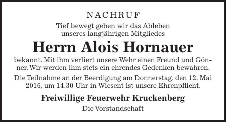 Traueranzeige Alois Hornauer