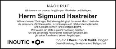 Traueranzeige Sigmund Hastreiter