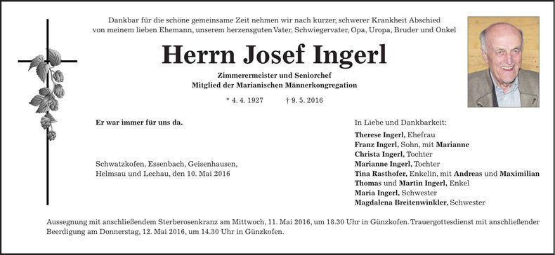 Traueranzeige Josef Ingerl