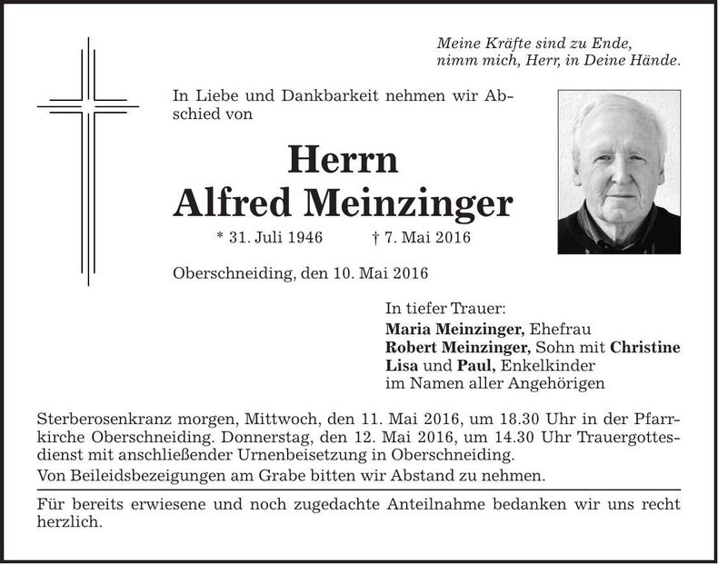 Traueranzeige Alfred Meinzinger
