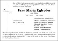 Traueranzeige Maria Eglseder
